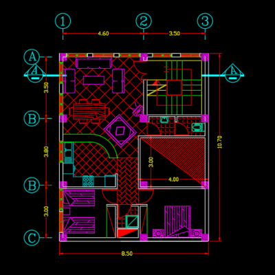 دانلود پلان معماری ساختمان مسکونی یک‌طبقه به‌همراه مقطع و نما - 01