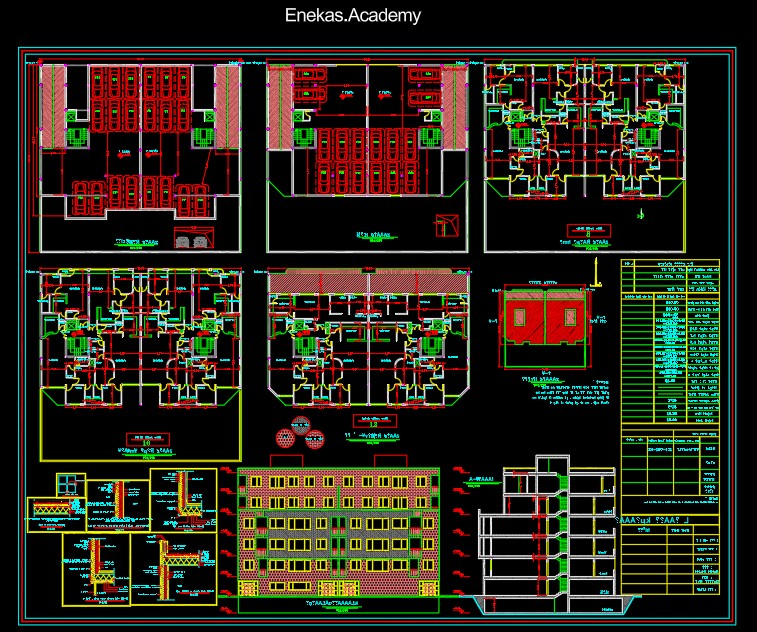 دانلود پلان معماری ساختمان مسکونی پنج‌طبقه به‌همراه مقطع و نما - 01