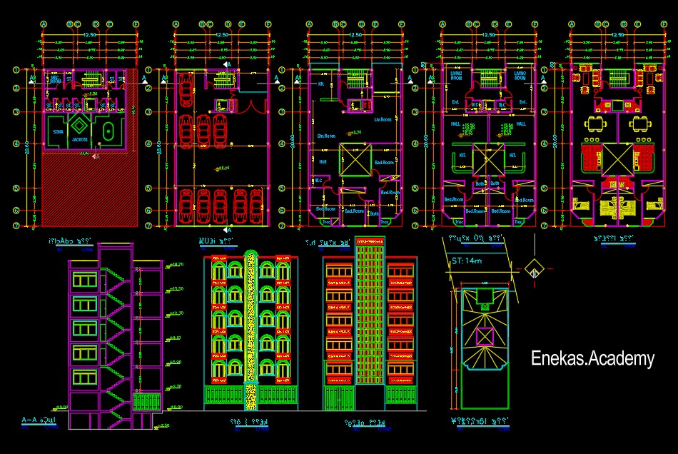 دانلود پلان معماری ساختمان مسکونی پنج‌طبقه به‌همراه مقطع و نما - 03