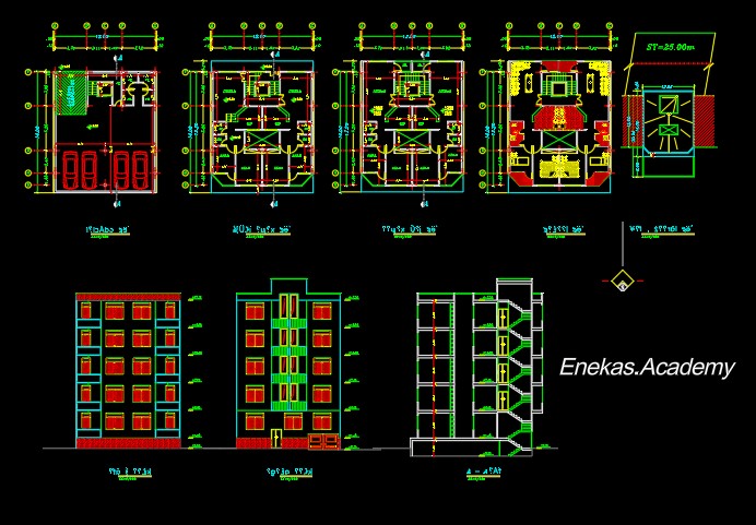دانلود پلان معماری ساختمان مسکونی چهارطبقه بههمراه مقطع و نما - 02