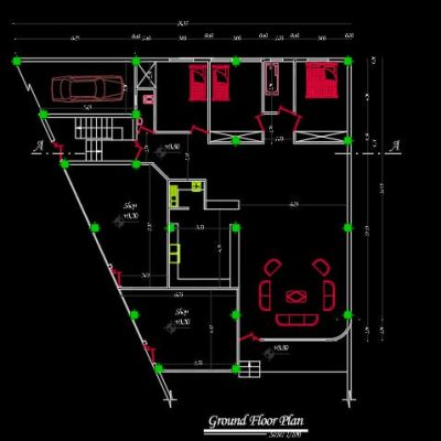 دانلود پلان معماری ساختمان مسکونی یک‌طبقه به‌همراه مقطع و نما - 02