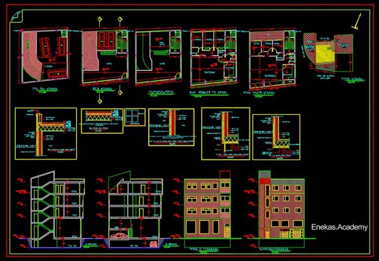 دانلود پلان معماری ساختمان مسکونی سه‌طبقه به‌همراه مقطع و نما - 03