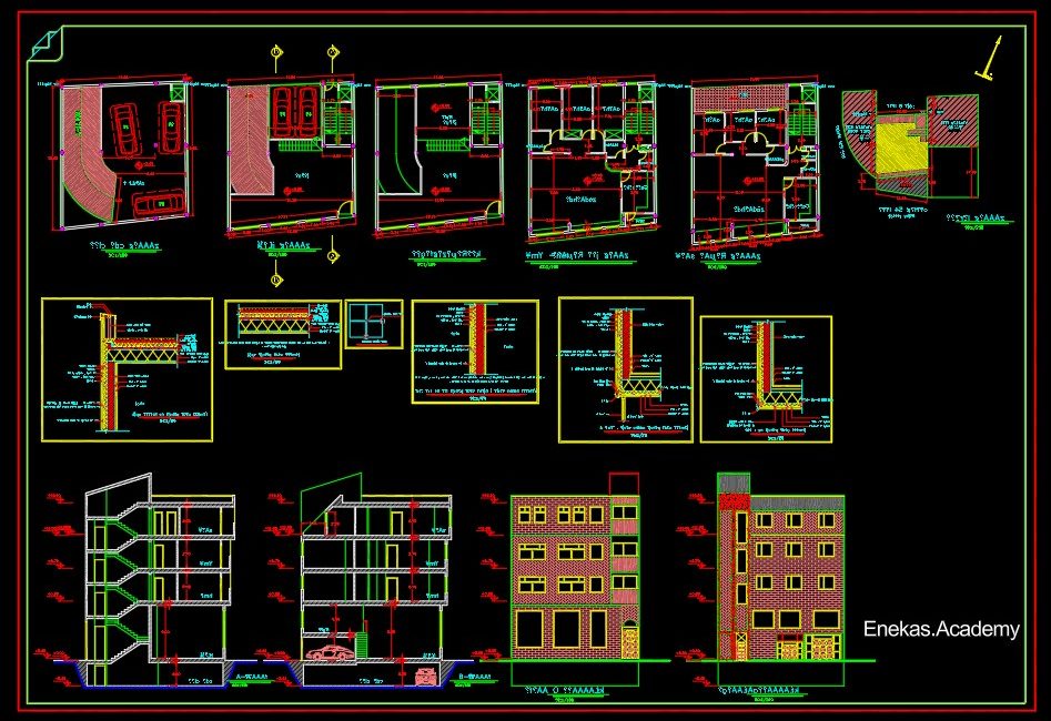 دانلود پلان معماری ساختمان مسکونی سه‌طبقه به‌همراه مقطع و نما - 03